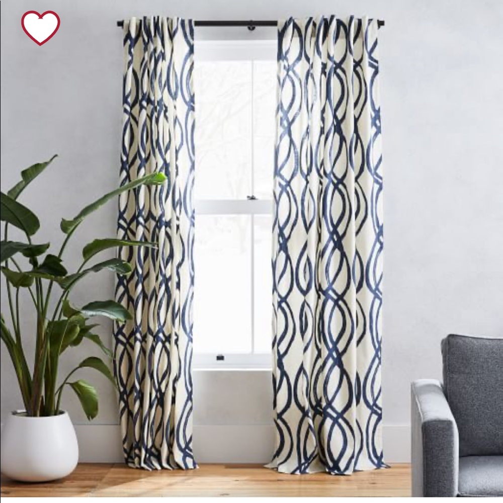 West Elm cream & navy canvas scribble curtains x4